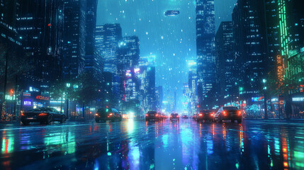 Obraz premium The Symphony of Neon Lights in a Futuristic Rain-Soaked Cityscape