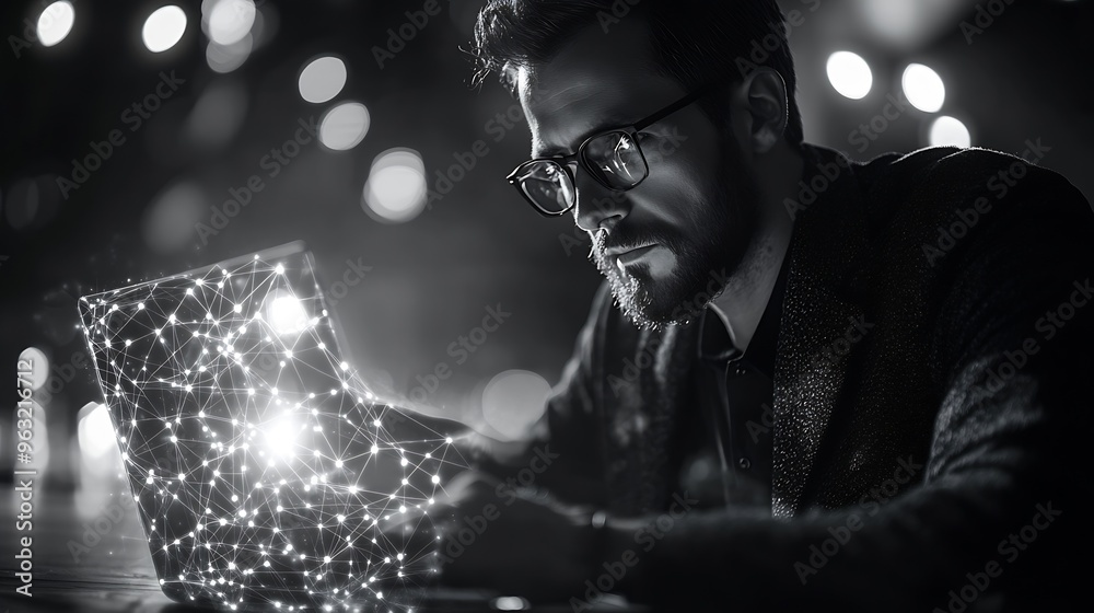 Aufkleber Business man programmer software developer working on laptop computer with network connection monochrome internet of things IoT 40 digital technology development concept : Generative AI