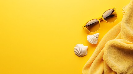 Summer Vacation Essentials  Sunglasses  Towel  and Seashells on Yellow Background