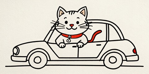 Black and white cartoon cat happily driving a car, with a pop of orange color