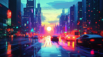 Fototapeta premium Neon Pulse of a Cyber Metropolis: A High-Tech Cityscape Reflecting Digital Dreams