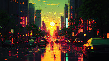 Obraz premium The Last Rays of Sunlight Reflecting on the Rain-Soaked City Streets at Dusk