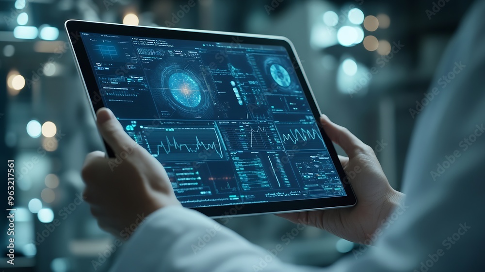 Aufkleber Medical technology EMRs Electronic medical record system concept Doctor using digital tablet laptop computer with electronic health data and  internet network connection virtual hospit : Generative AI
