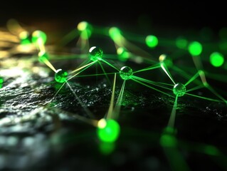 Glowing Green Network Nodes Connected by Lines on Dark Surface Representing Technology and Communication