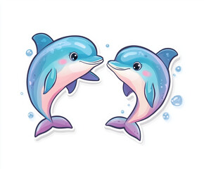 Naklejka premium dolphins marine life ocean water sea aquatic animals cute illustration playful underwater marine animals cartoon dolphins blue dolphins