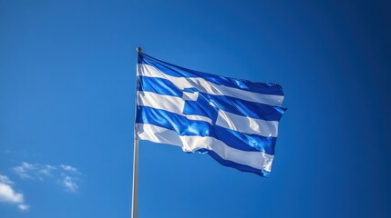 Greek Flag Waving in the Blue Sky
