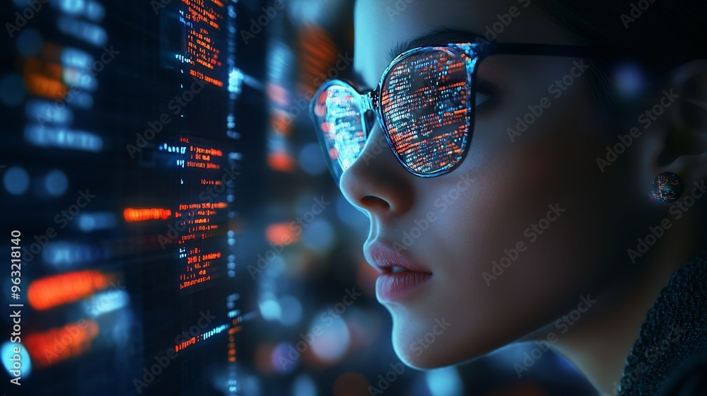 Poster Software coding hologram and woman on tablet thinking of data analytics digital technology and night overlay Programmer or IT person in glasses on 3d screen programming and cybersecuri : Generative AI
