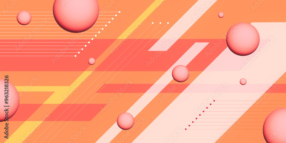Fototapete abstract geometric background with spheres and lines on an orange backdrop. 3d rendering
