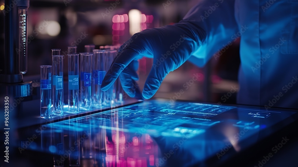 Poster scientist hand tablet and hologram in laboratory with typing chart data and 3d overlay for pharma de