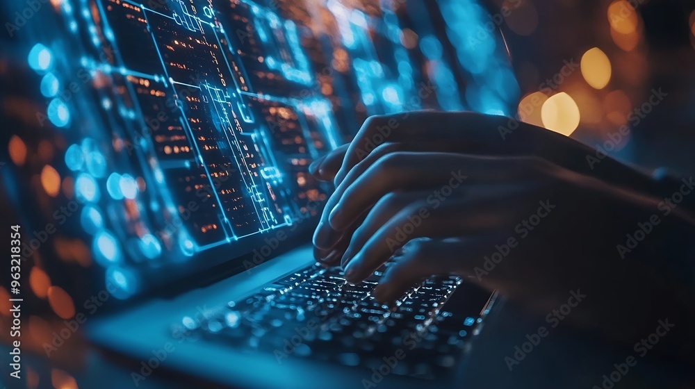 Fototapete Blockchain technology transaction concept Businessman use laptop on blockchain global networking data network connect Internet cyber security binary coded Crypto chain blockchain techn : Generative AI