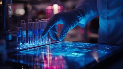 Scientist hand tablet and hologram in laboratory with typing chart data and 3d overlay for pharma development Pharmaceutical person digital touchscreen and press on holographic dashboa : Generative AI