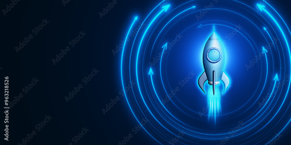 Poster digital rocket launch with blue neon background. 3d rendering