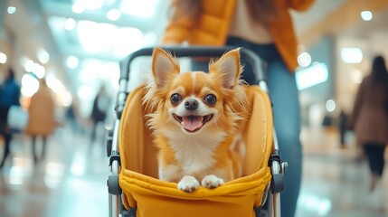 Happy Asian woman pushing chihuahua dog in pet stroller walking in pets friendly shopping mall Domestic dog and human owner dog moms enjoy outdoor lifestyle travel city on summer holid : Generative AI