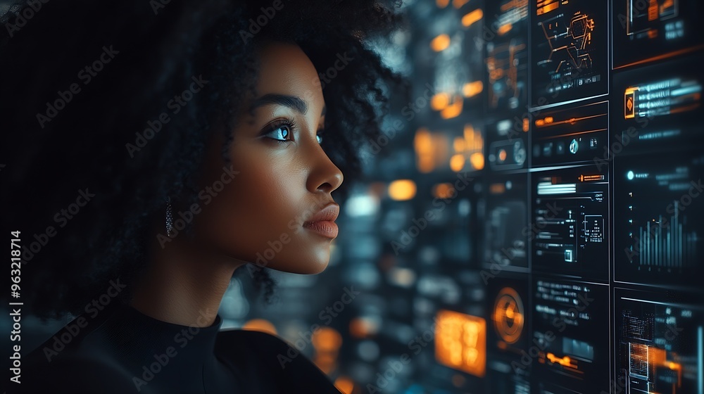 Poster Black woman working in office and futuristic graphical user interface concept ICT Information Communication Technology System engineering : Generative AI