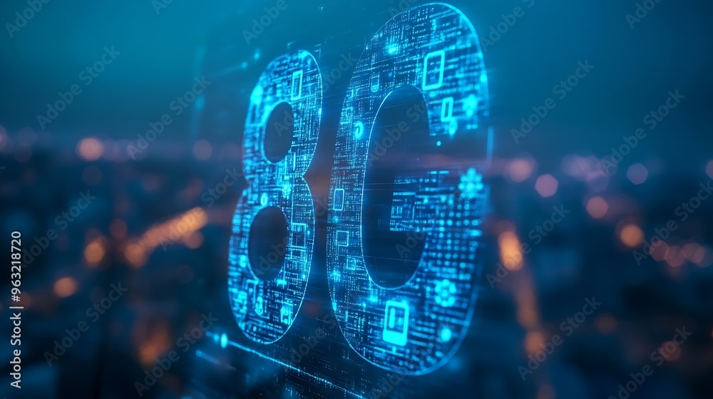 Poster 5g network digital hologram and internet of things on city background5g network wireless systems : g