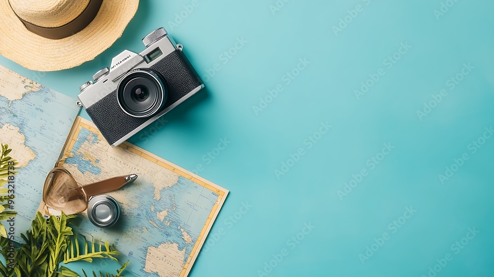 Wall mural Travel Essentials  Camera  Hat  Sunglasses   Map on Blue Background