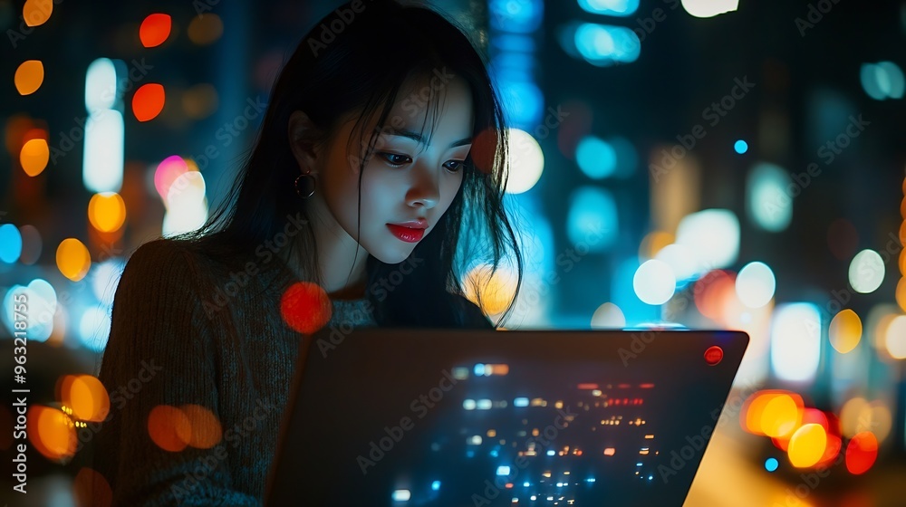Poster Young Asian woman using laptop computer sending and download digital data info with blur city night Mobile connect networking with cloud communication concept : Generative AI