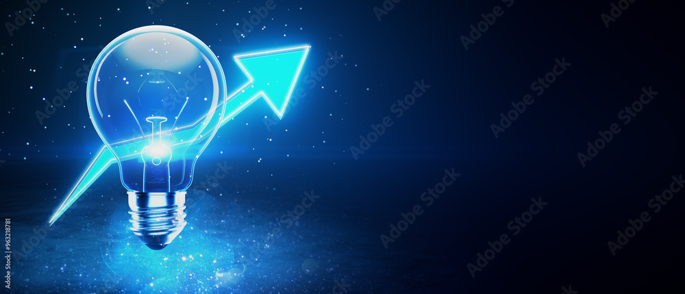 Poster Glowing Lightbulb with Upward Arrow on Dark Blue Background. 3D Rendering