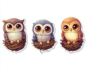 Fototapeta premium owl cute cartoon illustration animal nest colorful character birds wildlife purple owl brown owl orange owl happy owls adorable illustrations