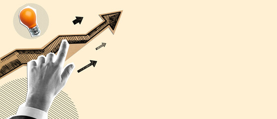 Collage of a hand pointing at an upward arrow with a light bulb on a beige background, symbolizing business growth and innovation.