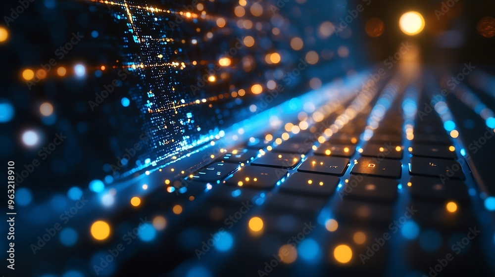 Fototapete Internet network technology IoT digital software development computer code modern tech concept Internet network with wireless connection cloud computing computer script on laptop : Generative AI