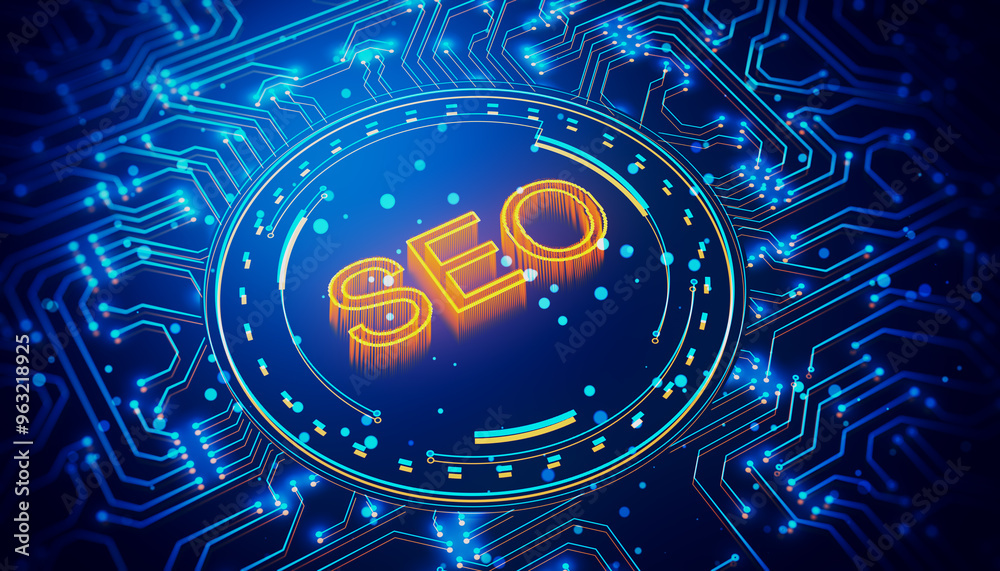 Poster Neon SEO symbol in digital hologram style on a circuit background. 3D Rendering