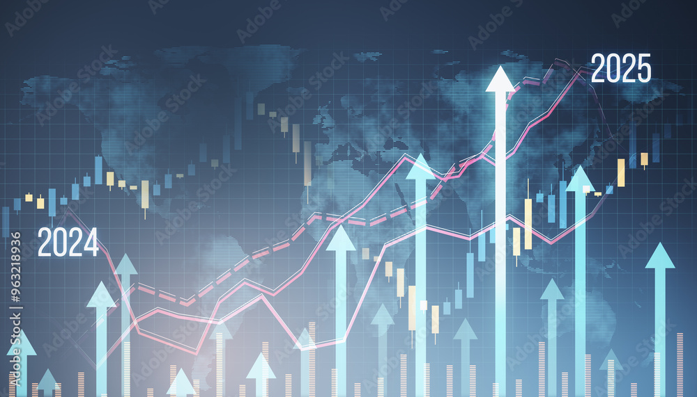 Poster Financial Trading Graph with Upward Trends for 2024 and 2025. 3D Rendering
