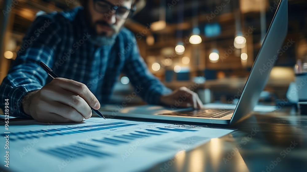 Poster Business Project Management System Project manager working on laptop and updating tasks and milestones progress planning with Gantt chart scheduling interface for company on virtual sc : Generative AI