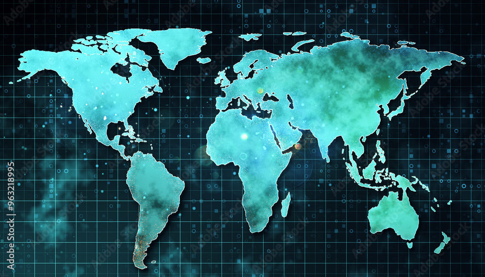 Poster Digital world map with blue texture on a grid backdrop. 3D Rendering