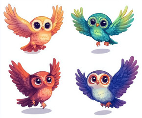 Obraz premium owl colorful owl cartoon owl cute owl flying owl animal illustration whimsical art fantasy birds bird characters illustrated owls vibrant colors