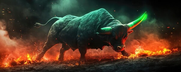 A powerful bull with vibrant green horns emerges from a fiery landscape, symbolizing strength and resilience in nature.