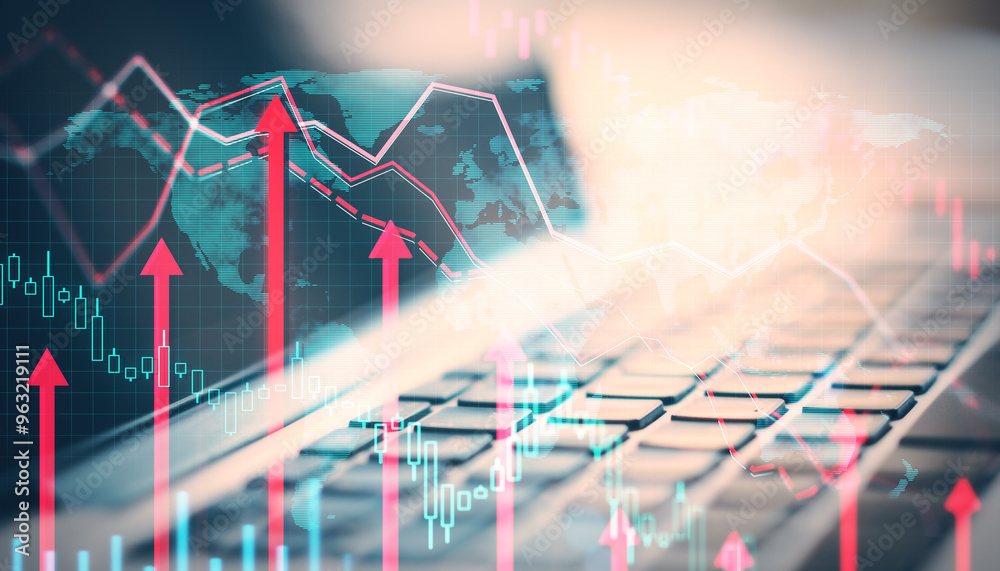 Poster Financial graph overlay with red upward arrows on a keyboard background representing economic growth.