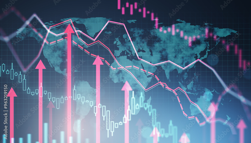 Poster Financial graphs and charts with upward and downward trends on world map background. 3D Rendering