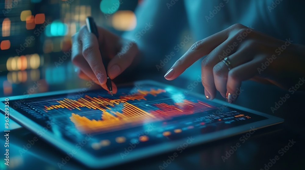 Aufkleber Business finance and investment concept Businessman using digital tablet analyzing and calculating financial data with economic graph growth chart Business strategy and planning market : Generative AI