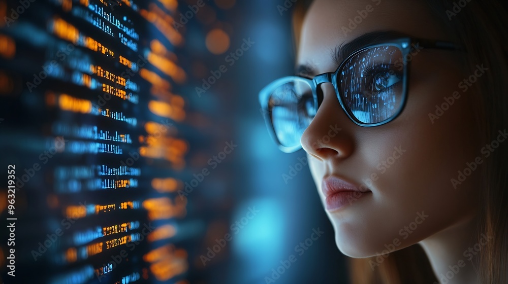 Fototapete Software coding hologram and woman in data analytics information technology and gdpr overlay Programmer or IT person in glasses reading script programming and cybersecurity research on : Generative AI