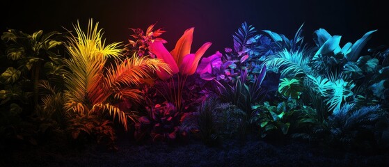 Fototapeta premium Vibrant Tropical Foliage with Colorful Neon Lighting in a Dark Background