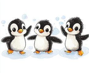 Fototapeta premium penguins cute animals cartoon illustration wildlife birds playful trio winter arctic adorable happy frozen family snow aquatic fantasy