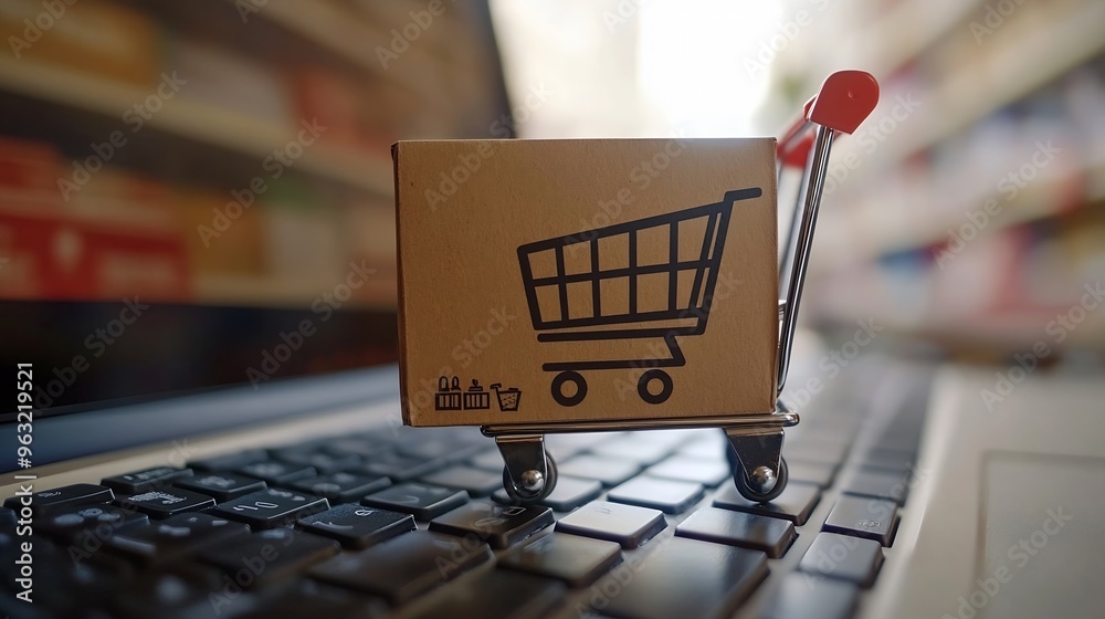 Poster shopping online cardboard box with a shopping cart logo in a trolley on laptop keyboard shopping ser