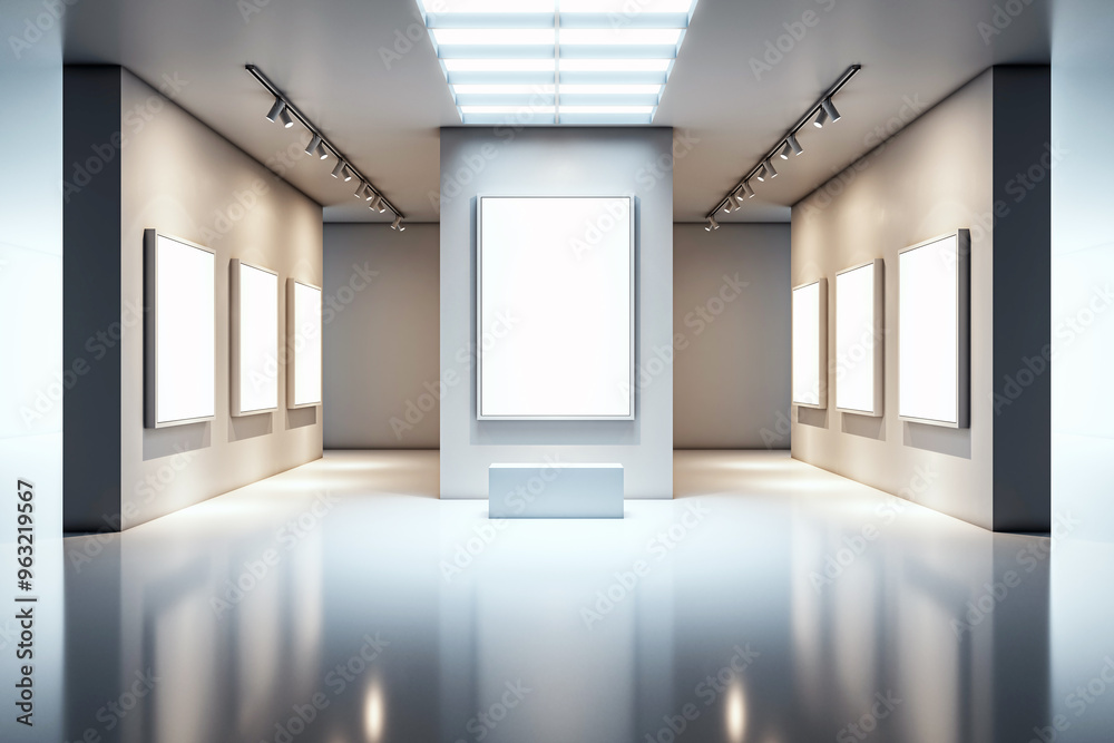 Aufkleber modern art gallery interior with blank frames on walls and spotlight. 3d rendering