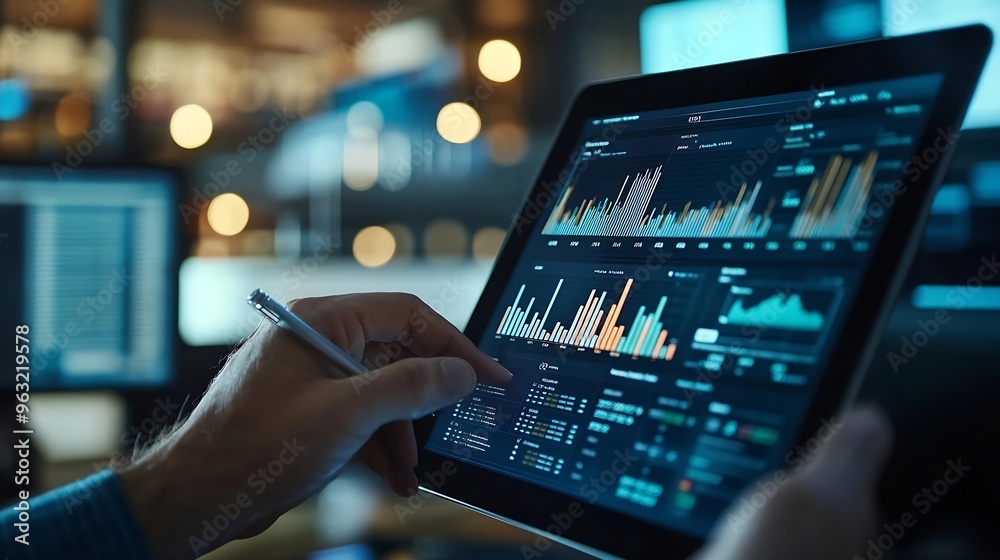 Aufkleber Business team using tablet and laptop analyzing sales data economic growth graph chart Business planning and strategy Financial report market research digital marketing business data a : Generative AI