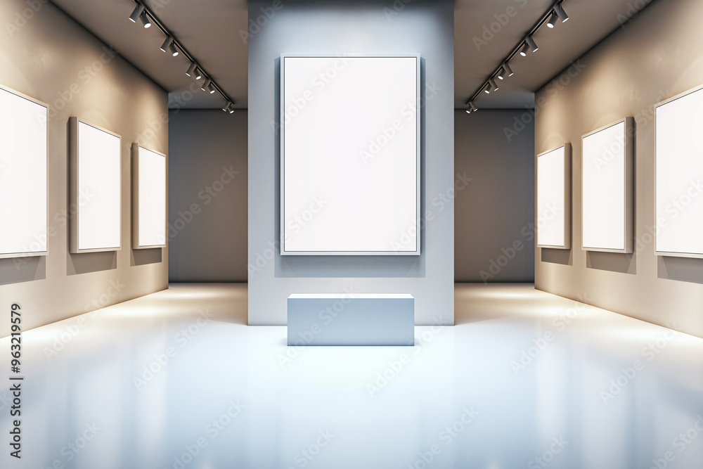 Poster Modern art gallery interior with blank frames on walls and bench in center. 3D Rendering