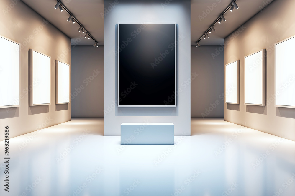 Poster Modern gallery interior with empty frames on walls and central blank canvas on display. 3D Rendering