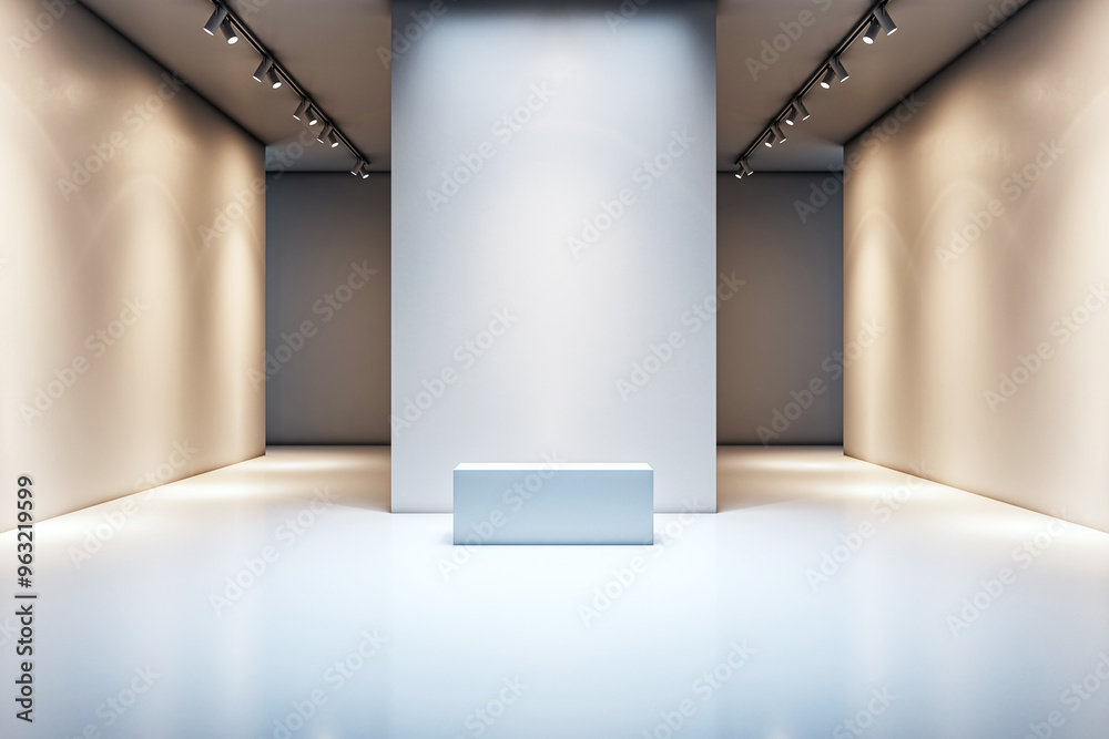 Poster Modern art gallery interior with empty walls and a bench. 3D Rendering