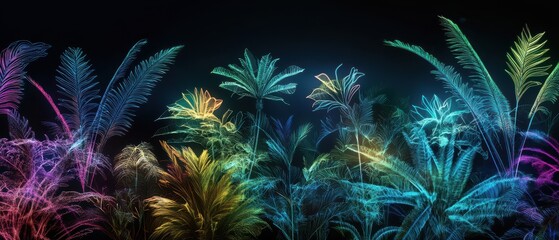 Vibrant Neon Tropical Plants Against Black Background, Glowing Colorful Foliage, Futuristic Botanical Art