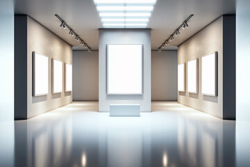 Modern art gallery interior with blank frames on walls and spotlight. 3D Rendering