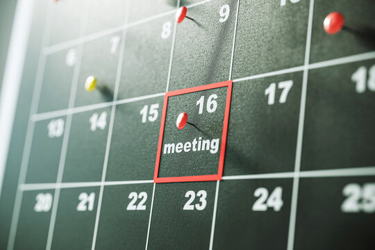 Closeup of a calendar with a pinned meeting on the 16th day. 3D Rendering