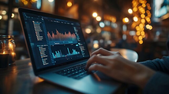 business people analyze virtual graphic financial graph chart diagram on mobile laptop computer digital technology business strategy stock market investment business finance technology : Generative AI