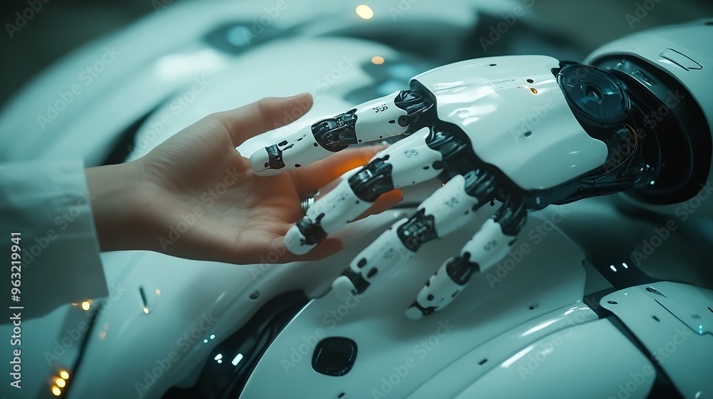 Aufkleber medical ai hands of robot and human touching on medical data network connection ai robot for diagnos