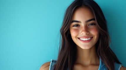 Smiling pretty freckled stylish gen z brunette Latin girl cute cheerful happy Hispanic teen student wearing denim jeans outfit looking at camera standing isolated on blue background Po : Generative AI