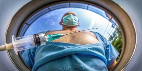 A stock photo depicting a port a catheter inserted at the chest wall with a needle fisheye, healthcare concept, health, needle, implantation, healthcare industry, healthcare